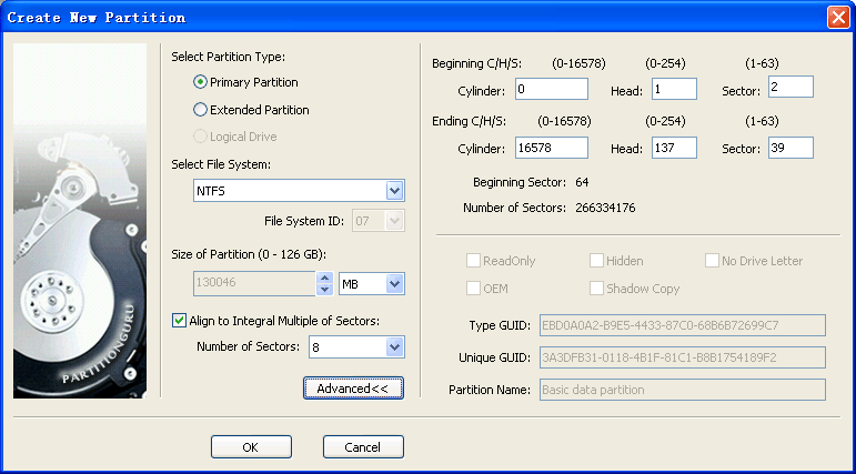 Detail parameters for Creating New Partition