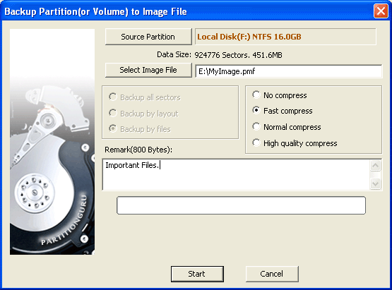 Dialog of Backup Partition to Image File