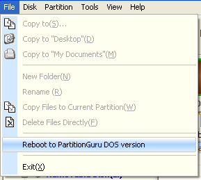 Menu of Reboot DOS version PartitionGuru